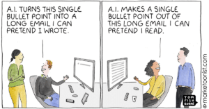 A cartoon in which AI is doing all the work but it is meaningless